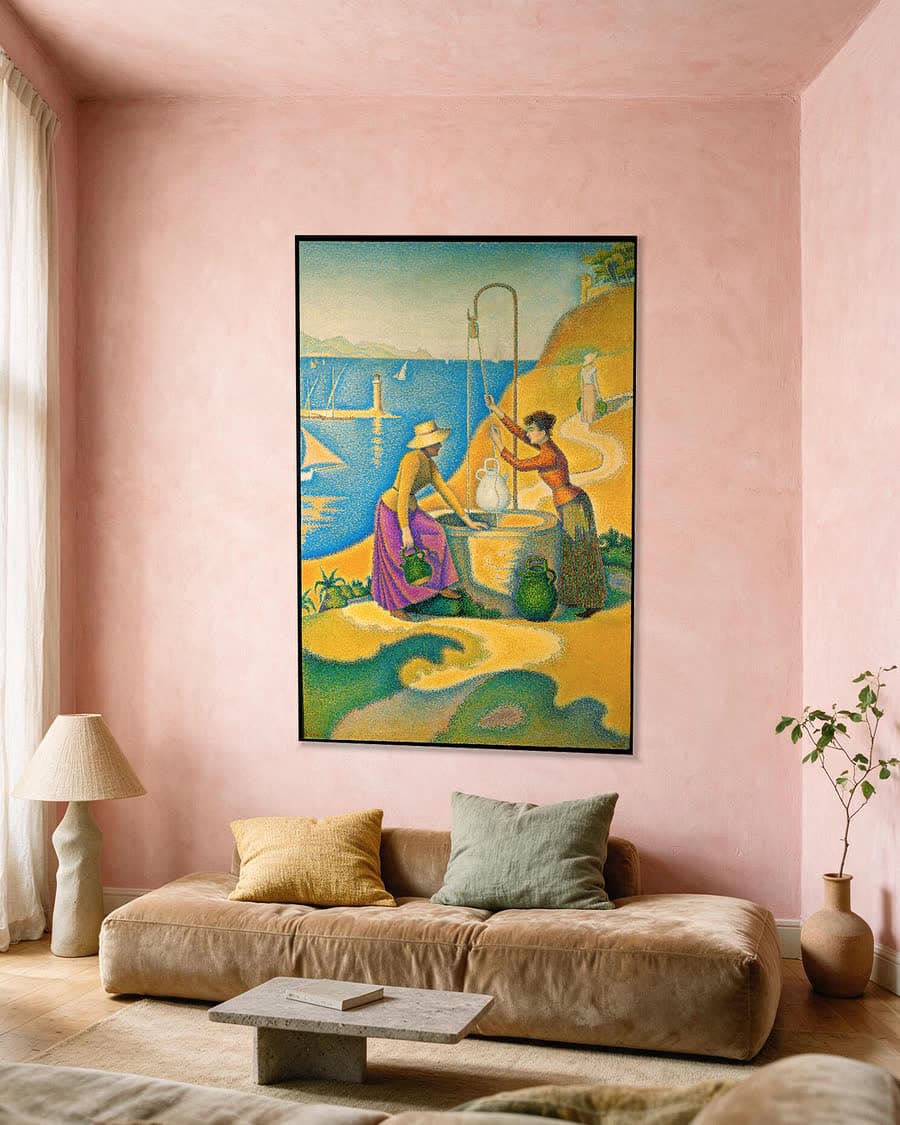 Vrouwen bij de put in een aluminium frame aan dezelfde muur