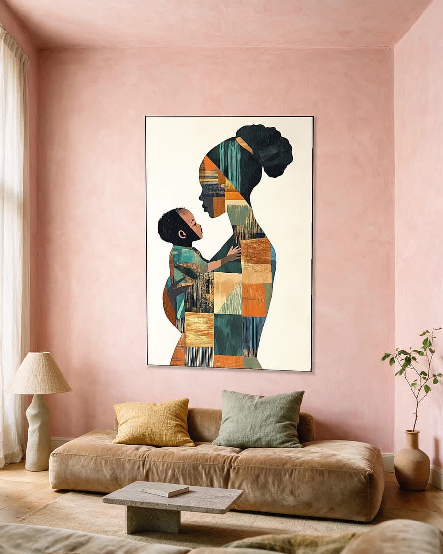 Moeder en kind in een aluminium frame aan dezelfde muur