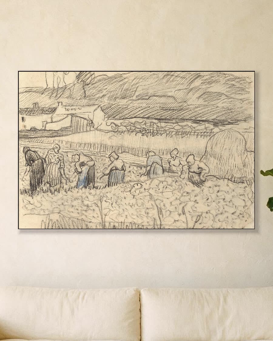 Landschap met oogstende boerinnen in een aluminium frame aan dezelfde muur