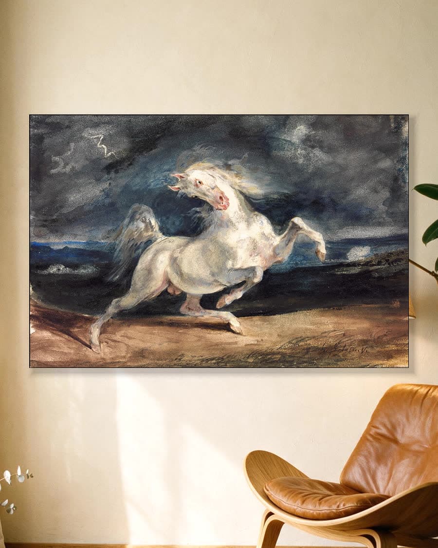 Paard verschrikt door de bliksem in een aluminium frame aan dezelfde muur