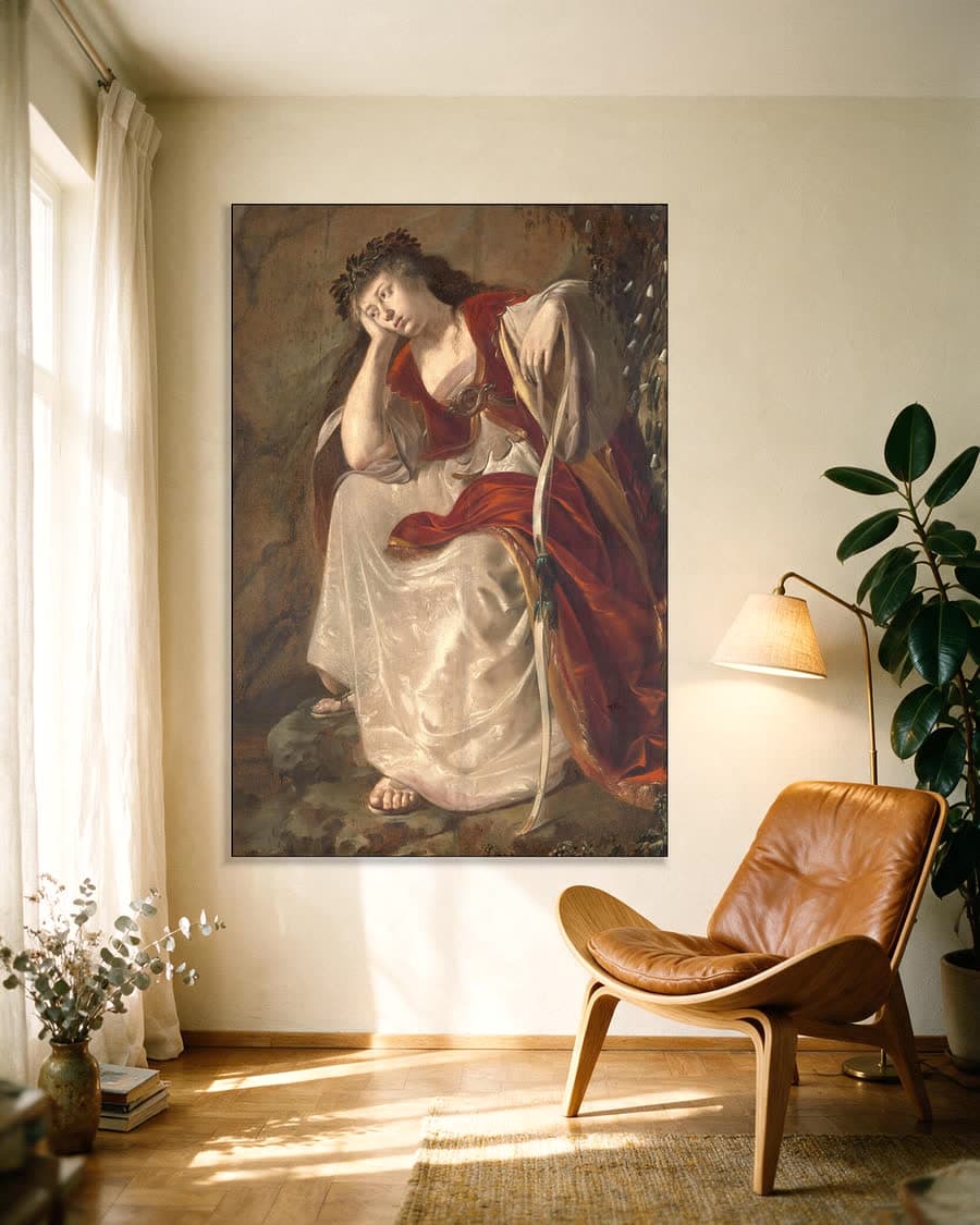 Vrouwenfiguur, mogelijk Erminia uit Torquato Tasso's La Gerusalemme in een aluminium frame aan dezelfde muur