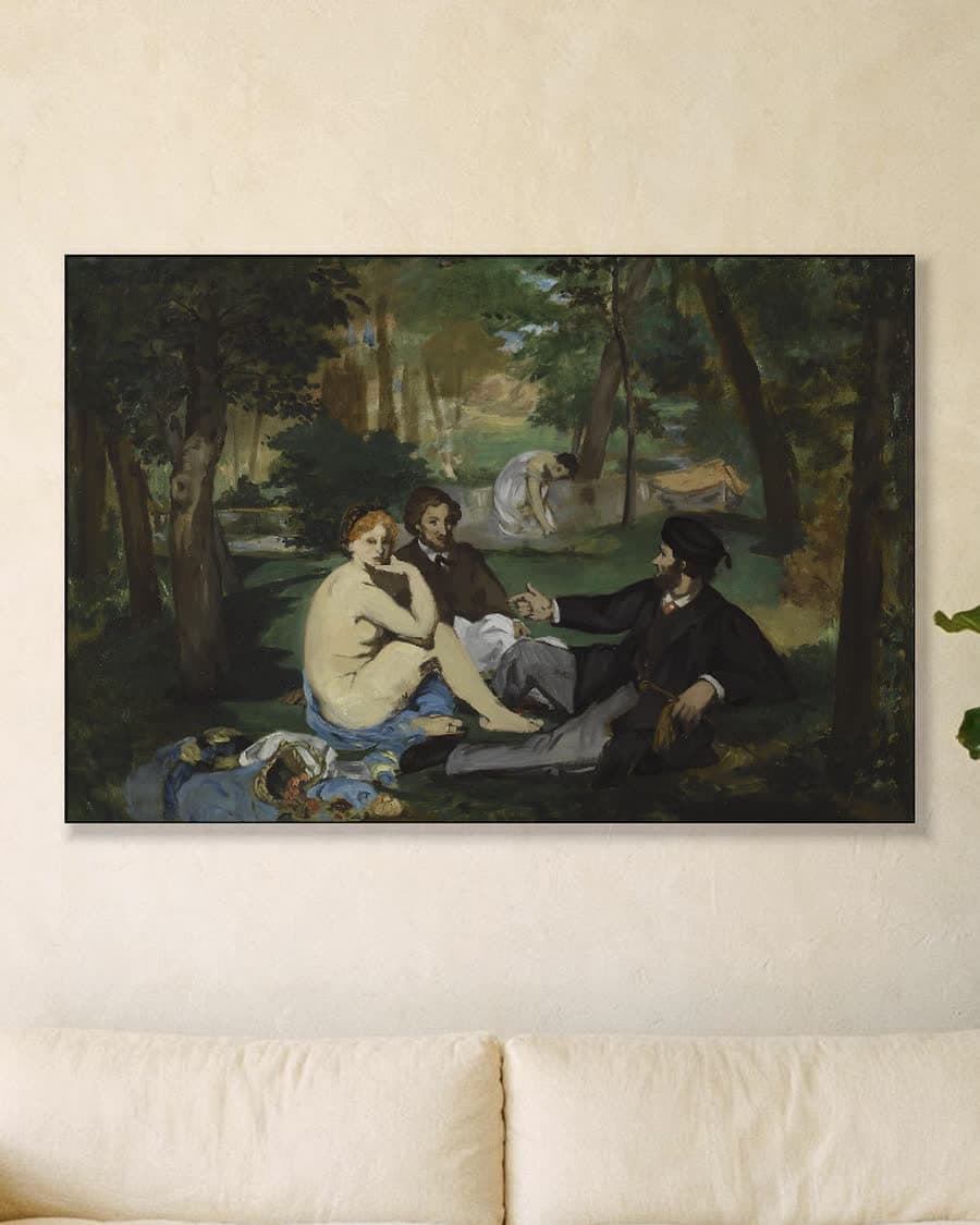 Studie voor het ontbijt in het gras in een aluminium frame aan dezelfde muur