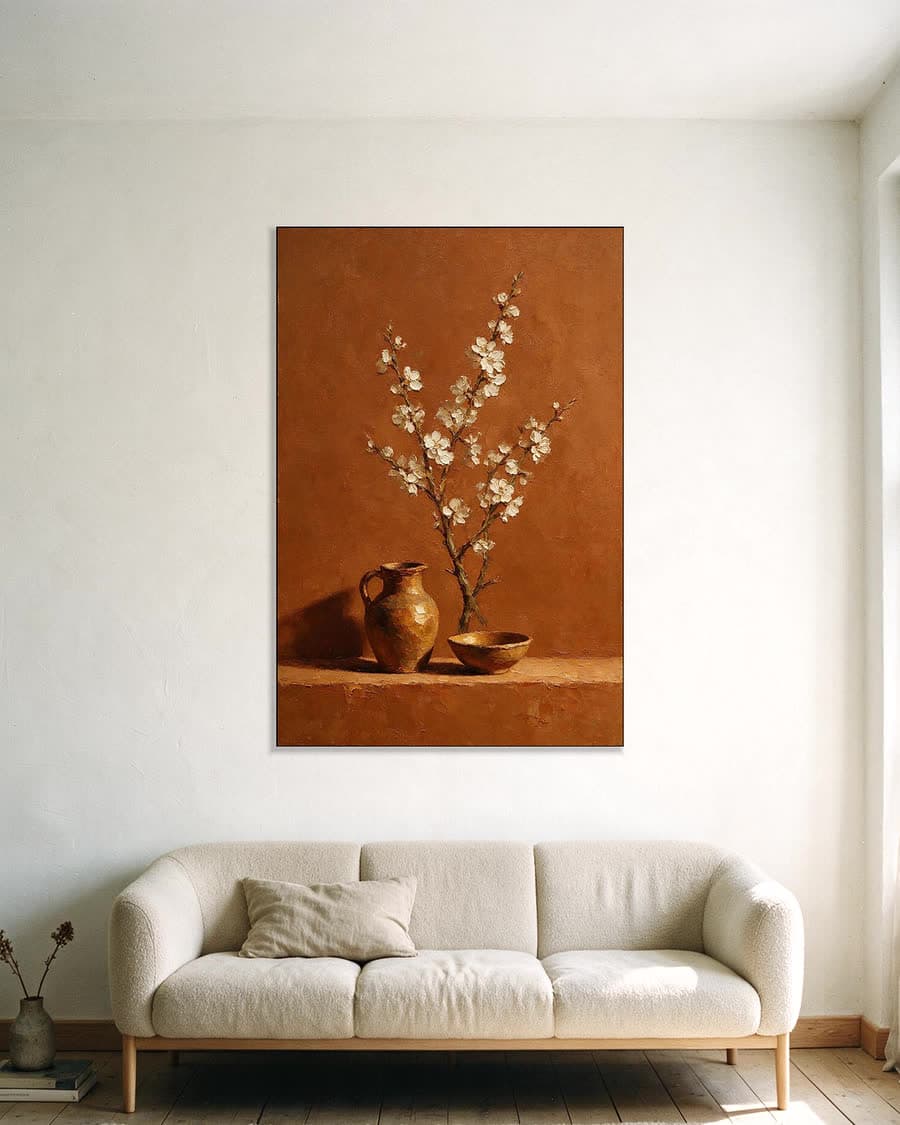 Bloesemtak in een kruik in een aluminium frame aan dezelfde muur