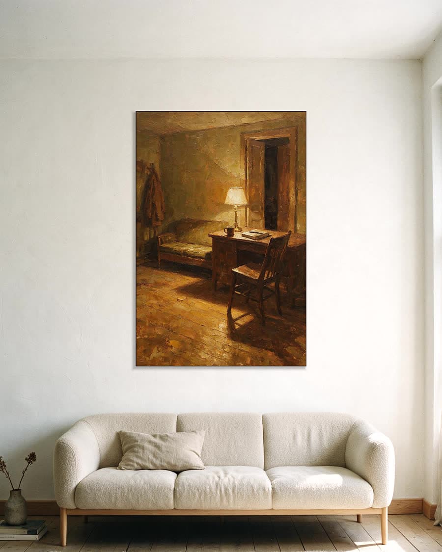 Bureau met een lamp aan in een aluminium frame aan dezelfde muur