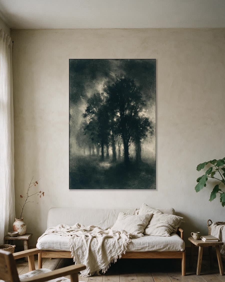 Bomen in de mist in een aluminium frame aan dezelfde muur