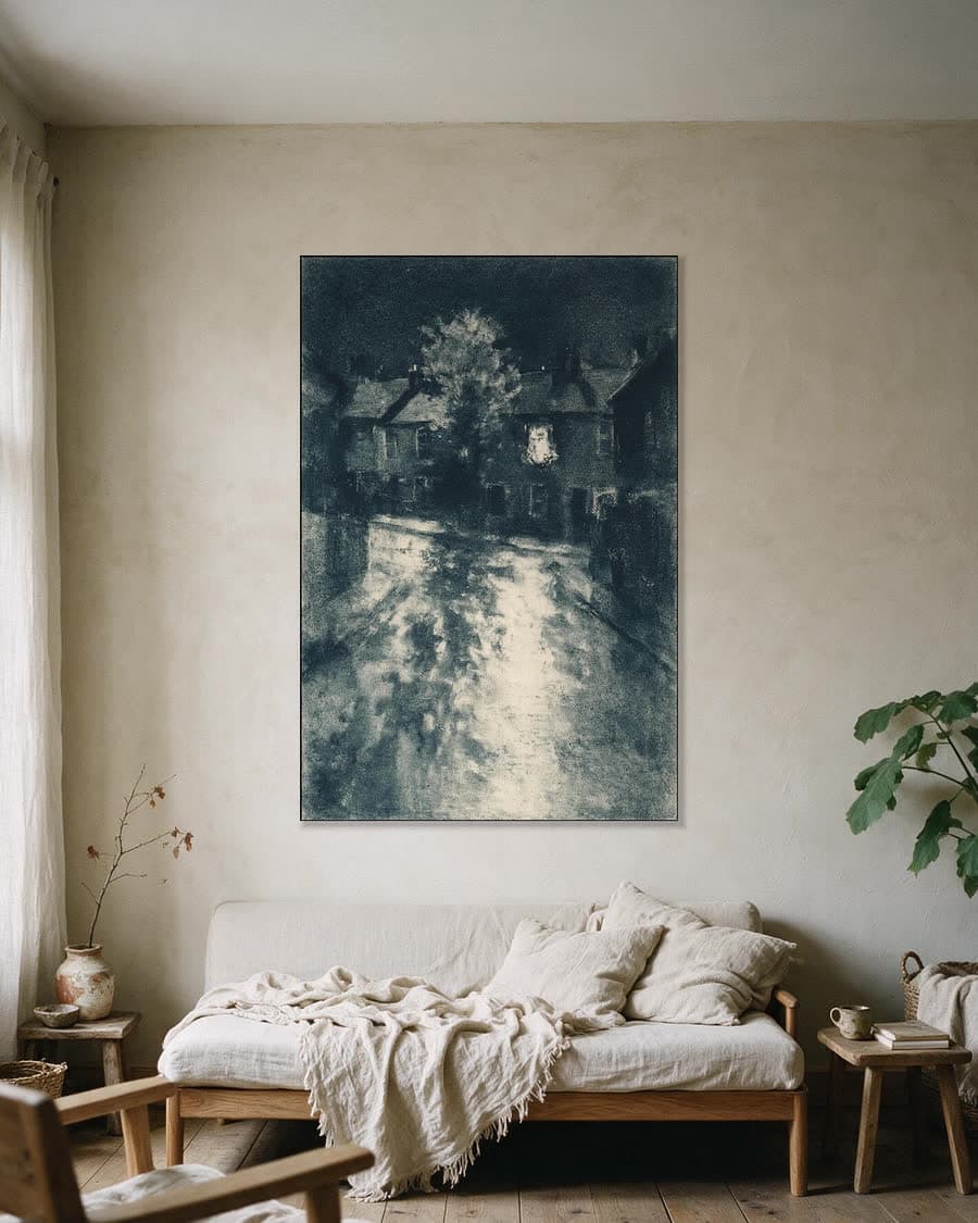 Nachtelijke straat in een aluminium frame aan dezelfde muur