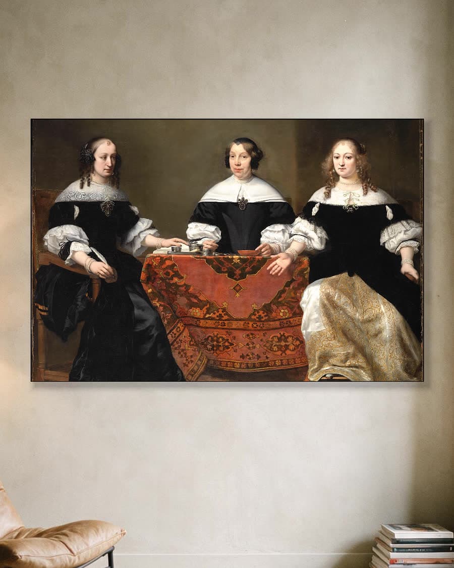 Drie regentessen van het Leprozenhuis te Amsterdam, 1668 in een aluminium frame aan dezelfde muur