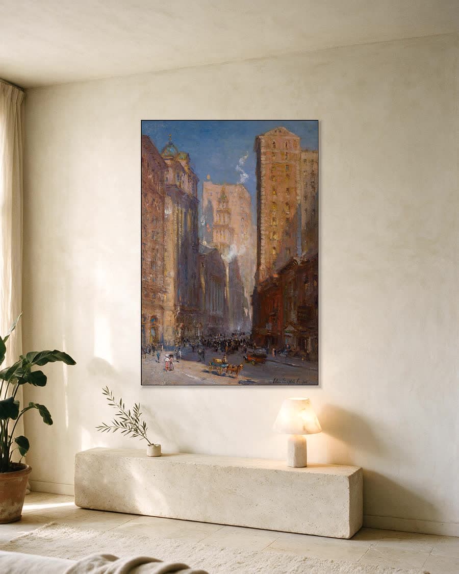 Wall Street en Broad Street, New York in een aluminium frame aan dezelfde muur