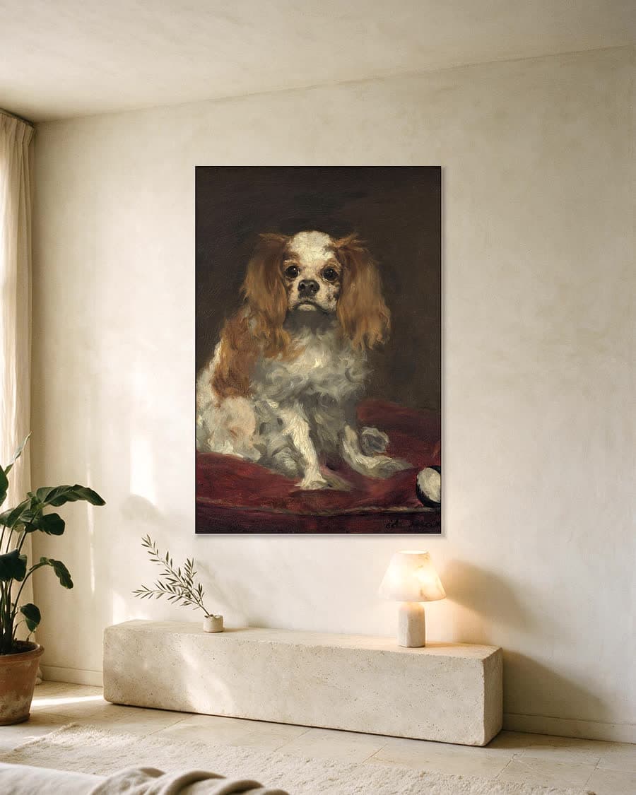 King Charles-spaniël in een aluminium frame aan dezelfde muur