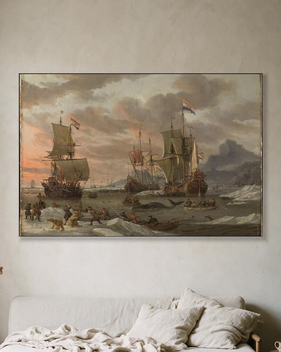Walvisvangst in de poolzee in een aluminium frame aan dezelfde muur