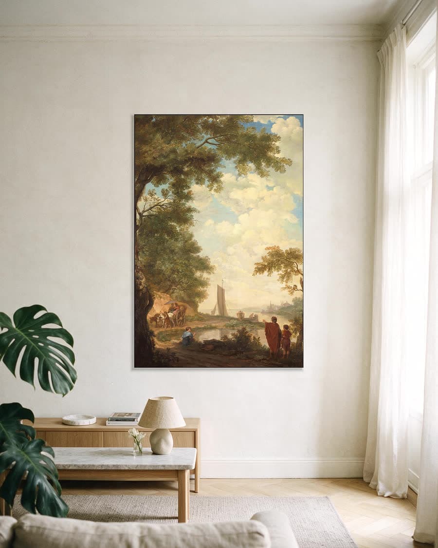 Arcadisch landschap met figuren bij een rivieroever in een aluminium frame aan dezelfde muur
