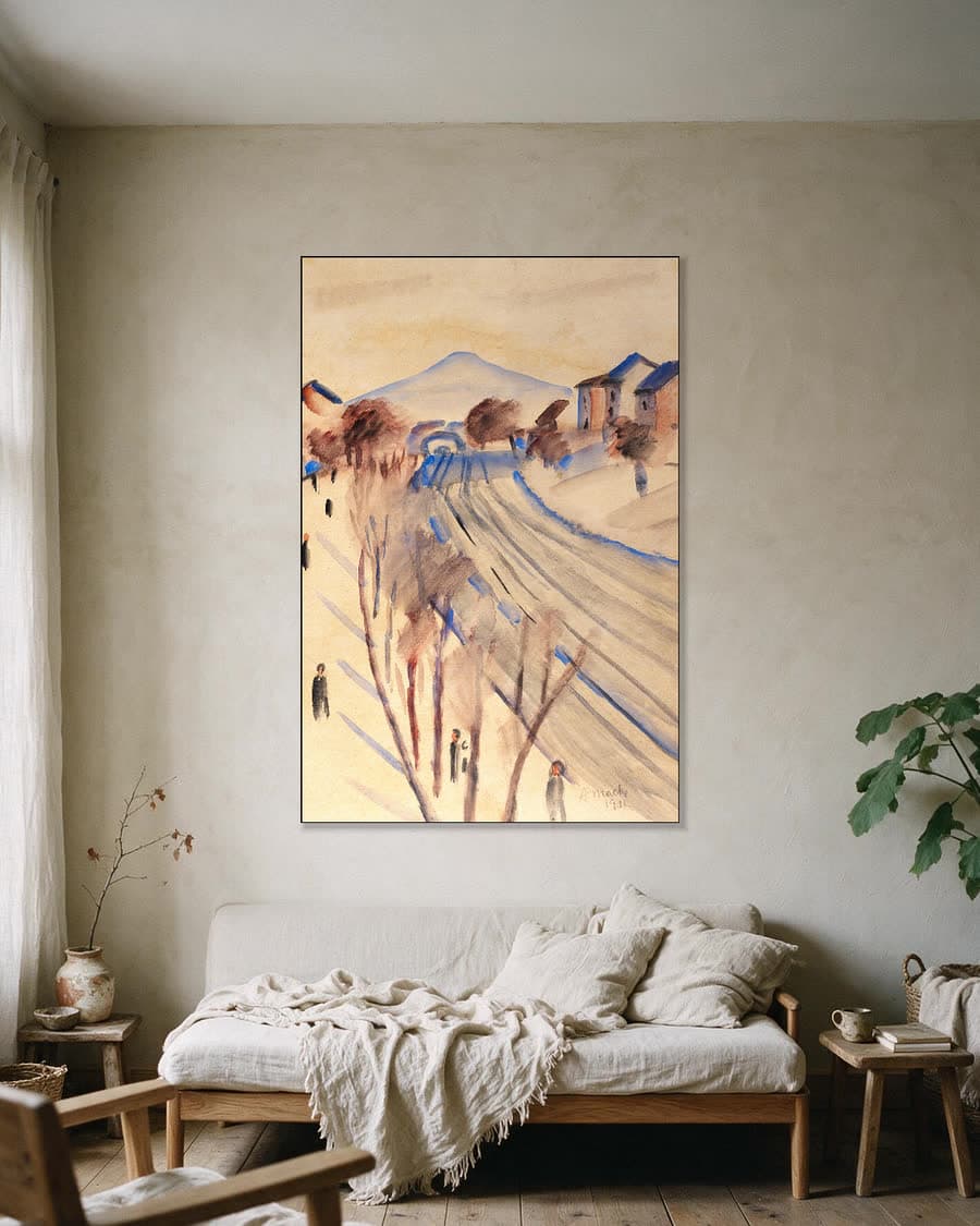 Weg door een berglandschap in een aluminium frame aan dezelfde muur