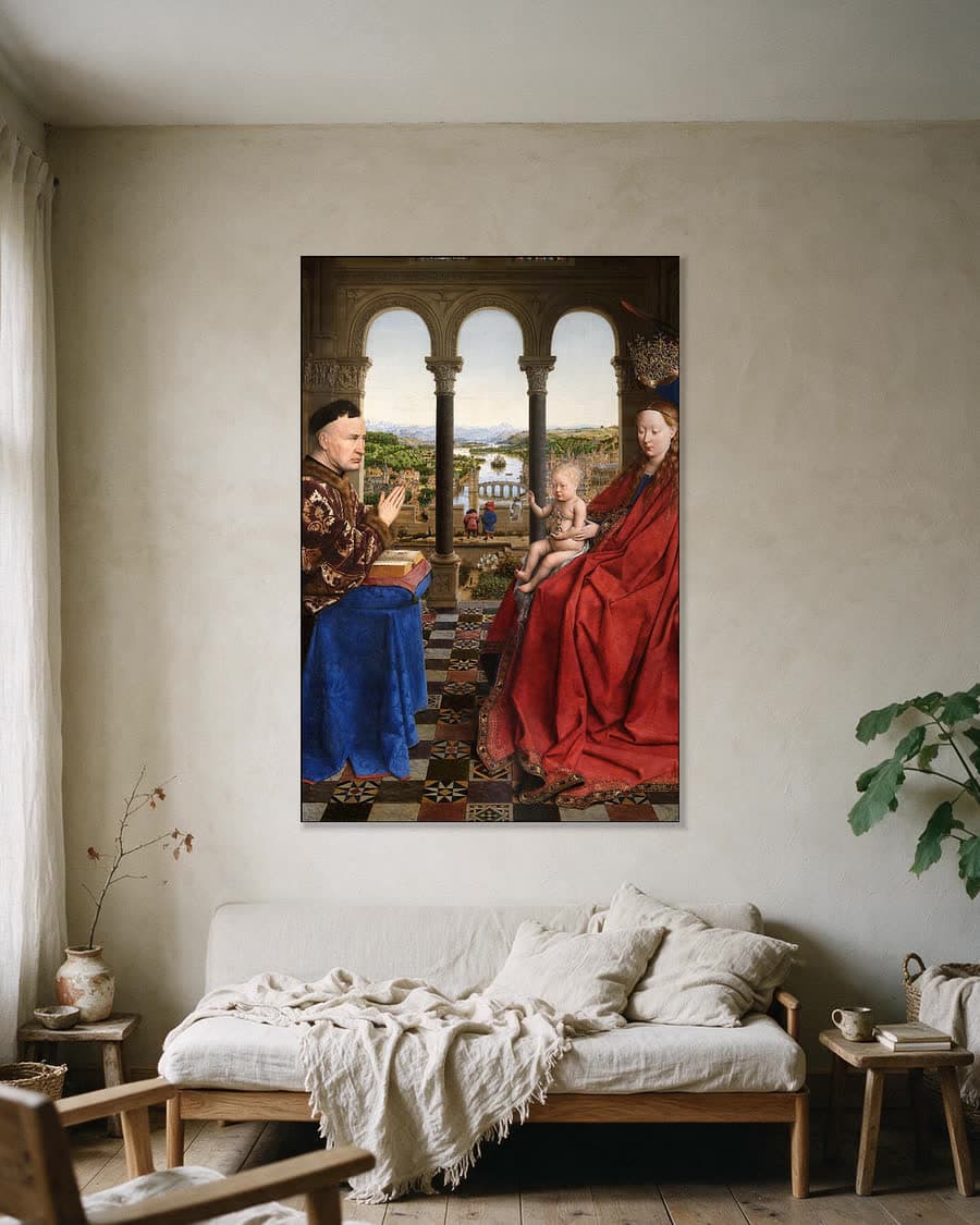 De Madonna van kanselier Rolin in een aluminium frame aan dezelfde muur