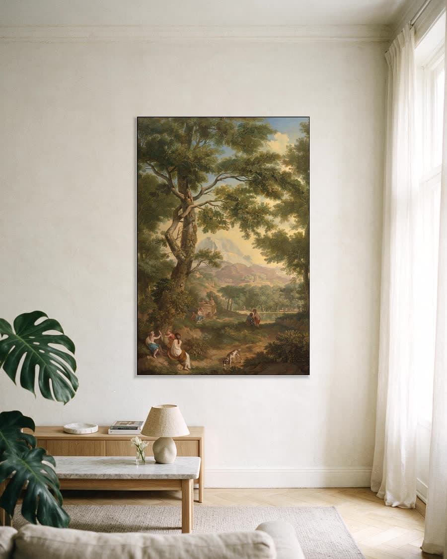 Arcadisch landschap met kinderen en een vogel in een aluminium frame aan dezelfde muur