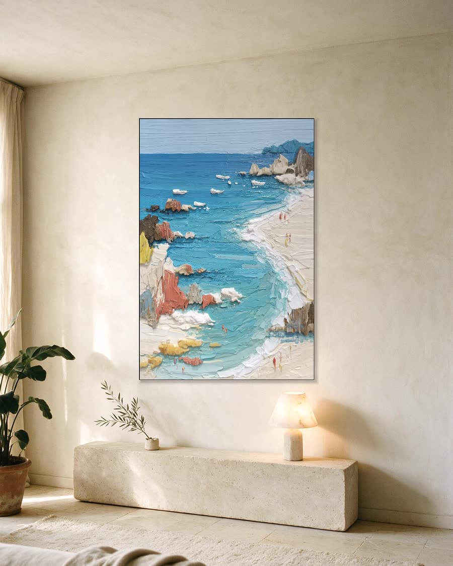 Kust in dik verf in een aluminium frame aan dezelfde muur