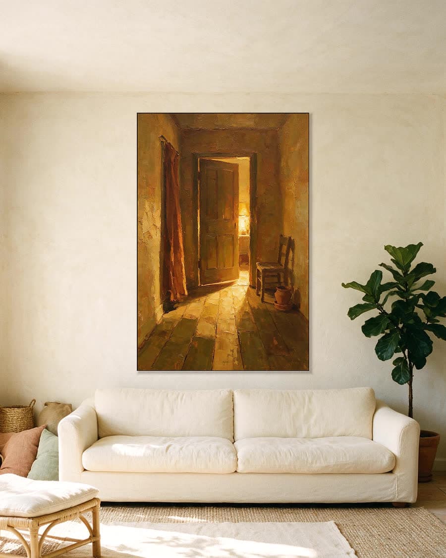 Gang met een deur op een kier in een aluminium frame aan dezelfde muur