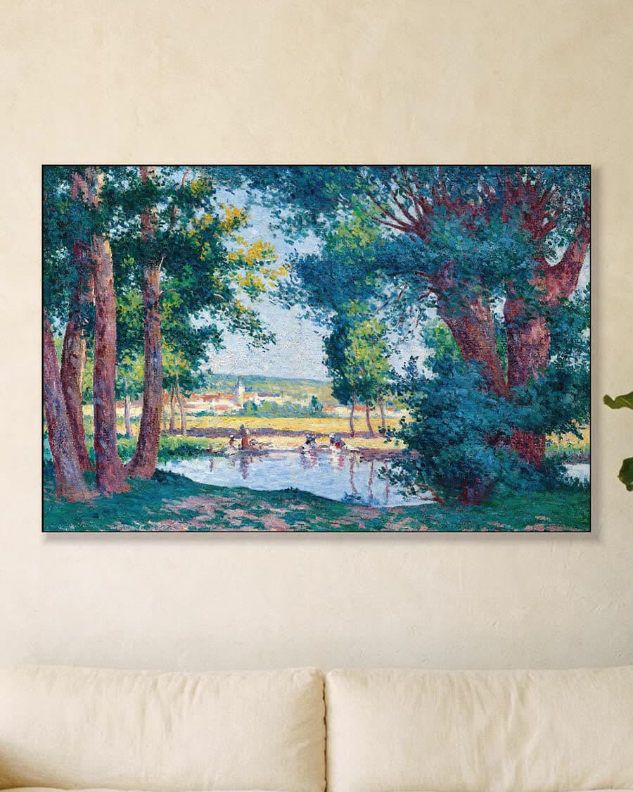 Wassende vrouwen aan de rivier in een aluminium frame aan dezelfde muur