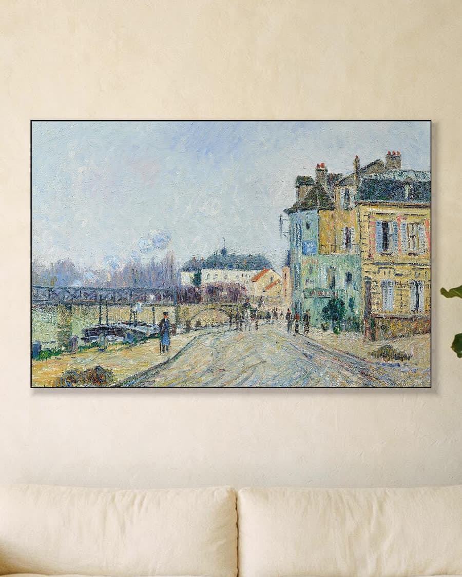 De kade van de Oise bij Pontoise in een aluminium frame aan dezelfde muur