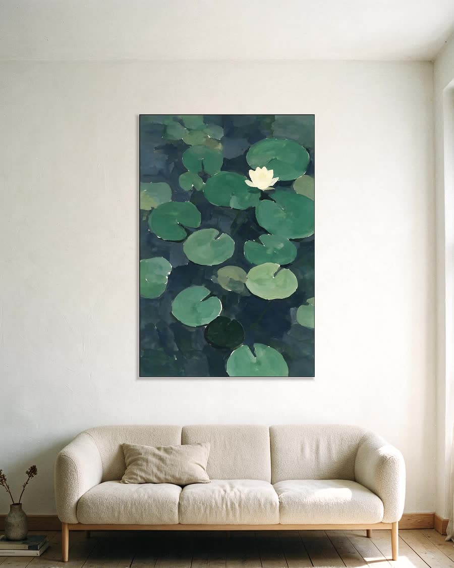 Waterlelies van bovenaf in een aluminium frame aan dezelfde muur