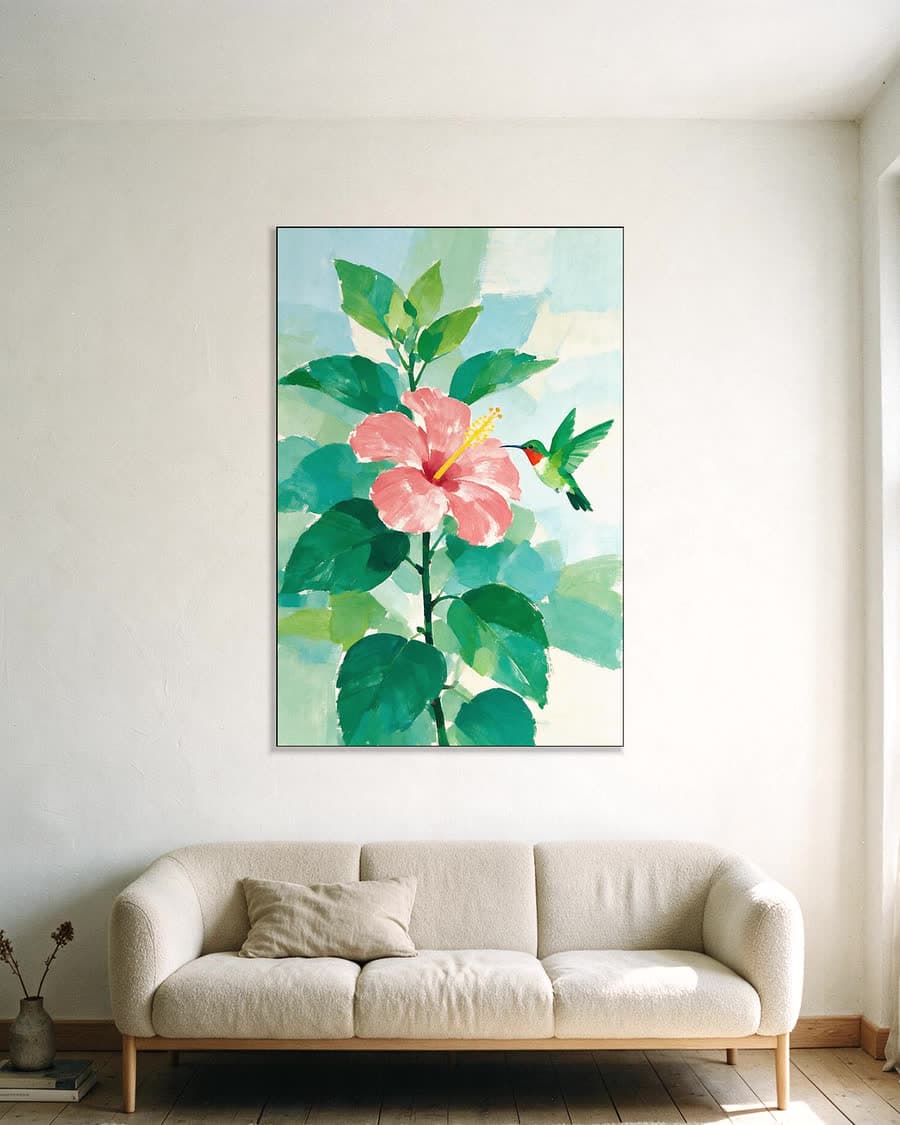 Kolibrie en hibiscus in een aluminium frame aan dezelfde muur