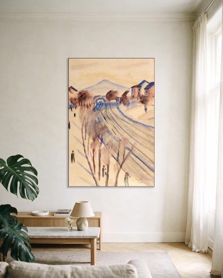 Weg door een berglandschap in een aluminium frame aan dezelfde muur