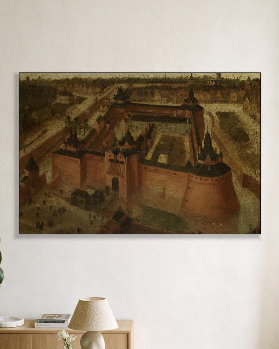 Het kasteel Vredenburg te Utrecht in vogelvlucht in een aluminium frame aan dezelfde muur