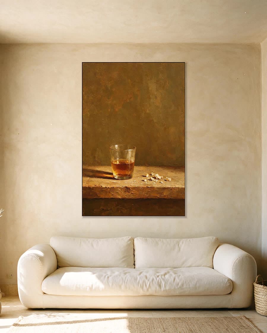 Wijnglas en kruimels in een aluminium frame aan dezelfde muur