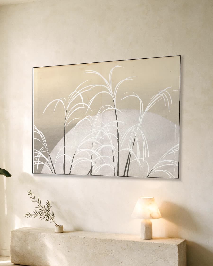 Pampas Grass in Moonlight (Obana ni tsuki) in een aluminium frame aan dezelfde muur