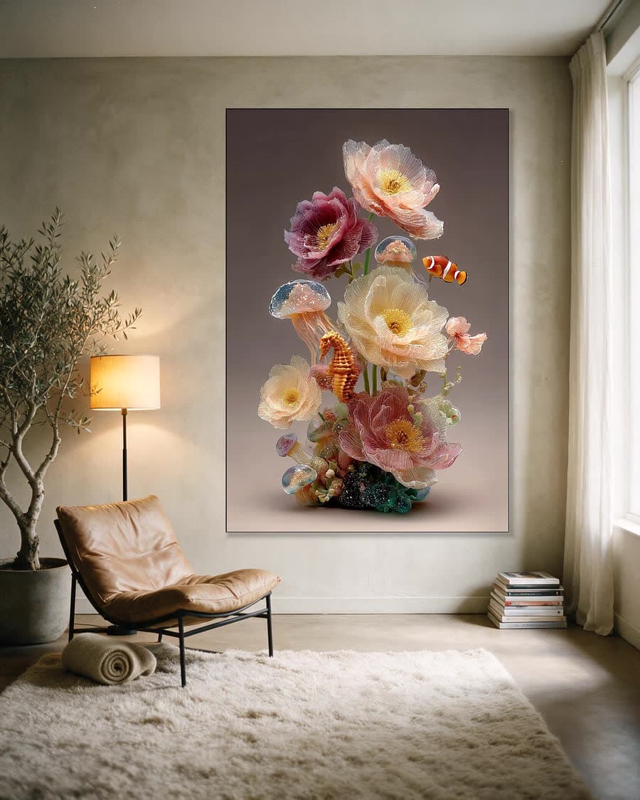 Onderwaterboeket in een aluminium frame aan dezelfde muur