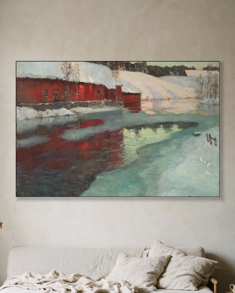 Winter aan de rivier in een aluminium frame aan dezelfde muur