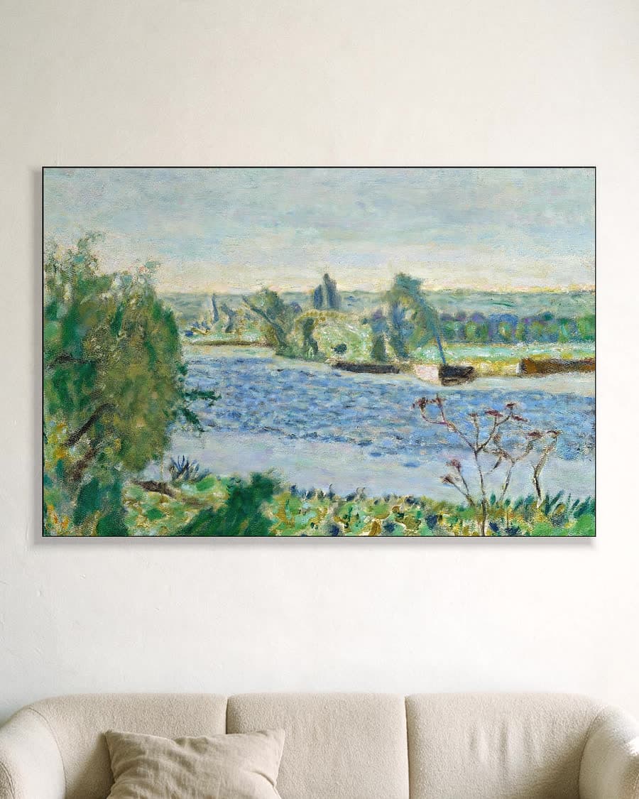 Blauwe ochtend aan de rivier in een aluminium frame aan dezelfde muur