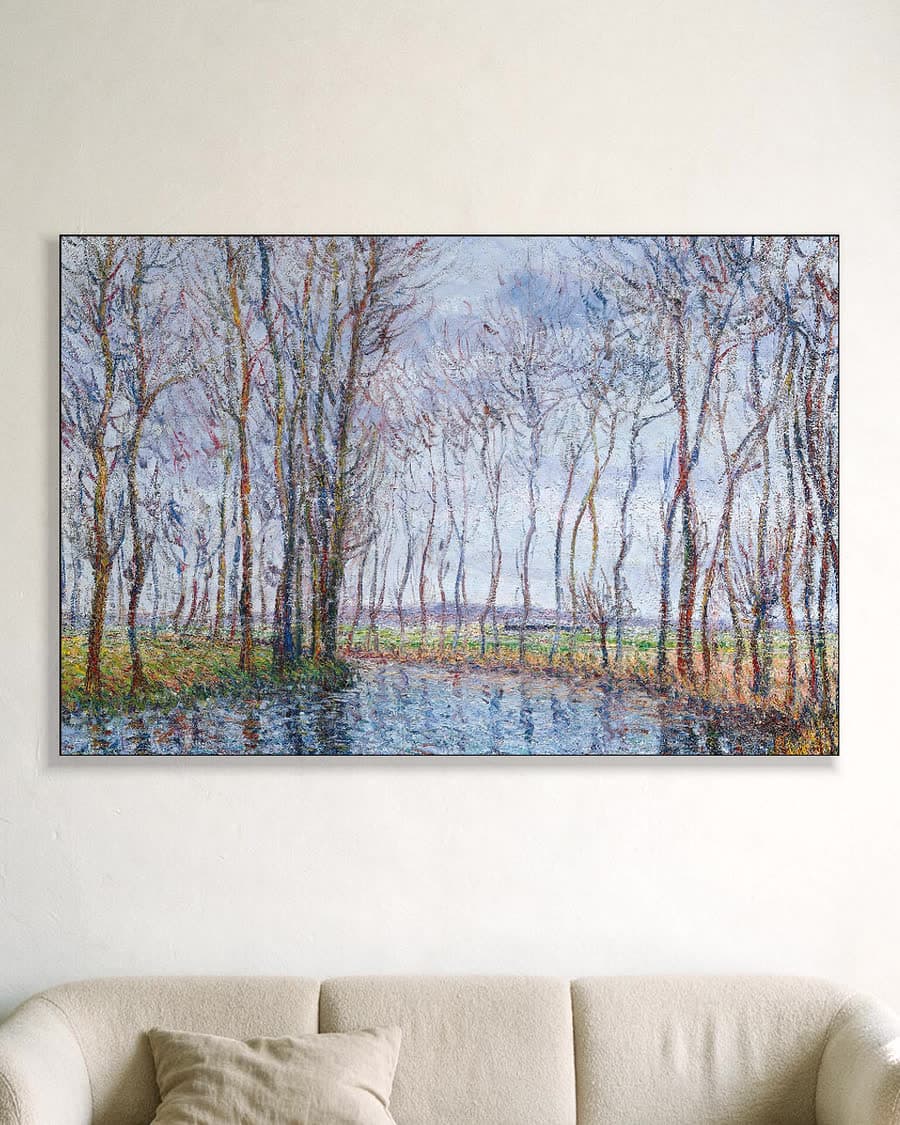 Bomen langs het water in een aluminium frame aan dezelfde muur