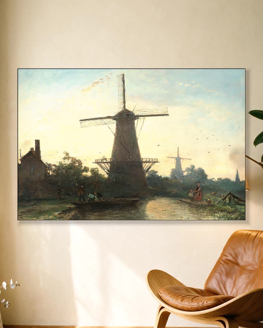 Molens bij Rotterdam in een aluminium frame aan dezelfde muur