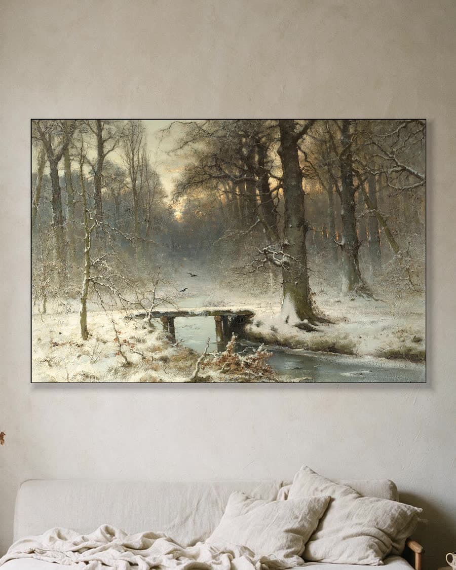 Een januari-avond in het Haagse Bos in een aluminium frame aan dezelfde muur
