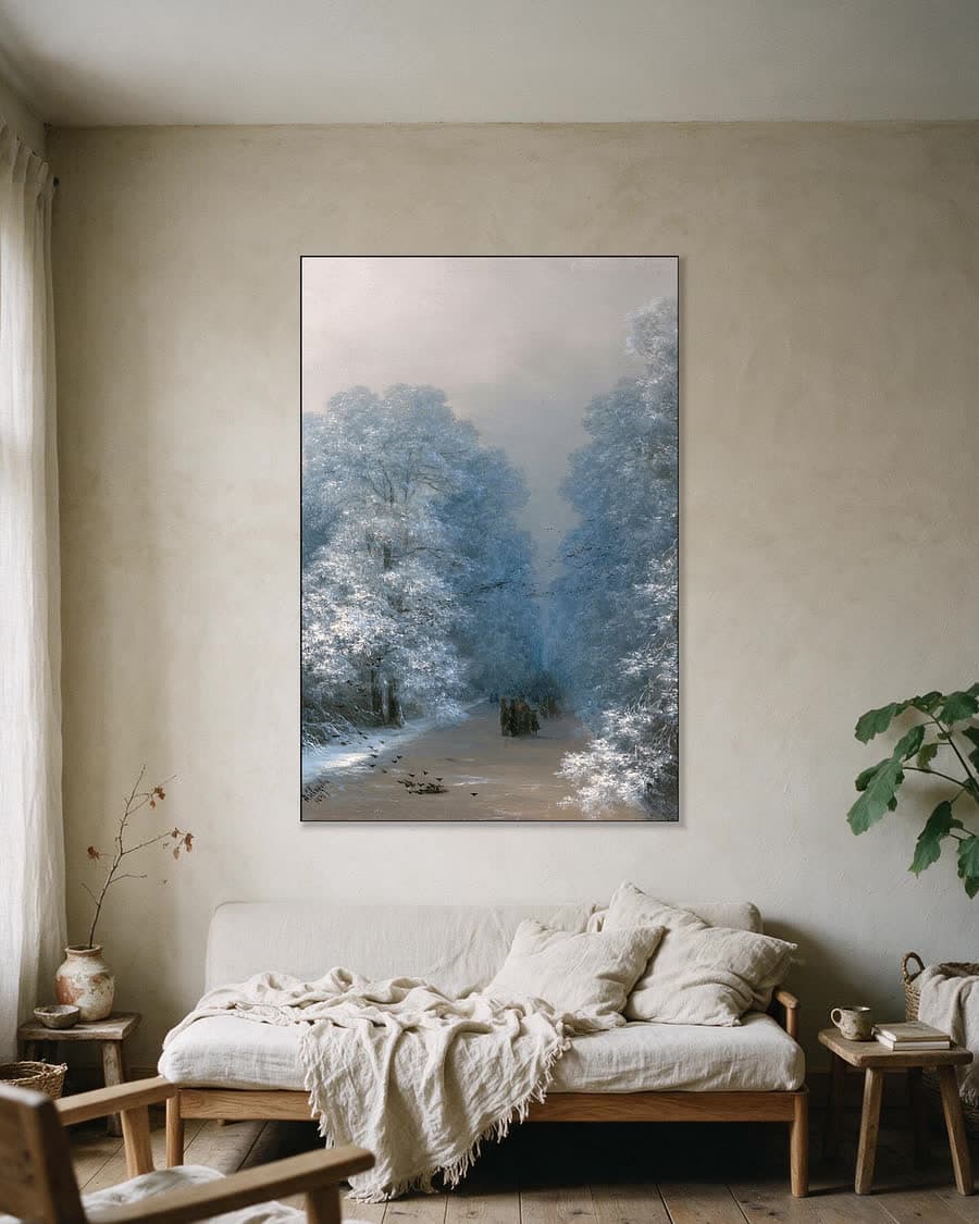 Winterlandschap in een aluminium frame aan dezelfde muur