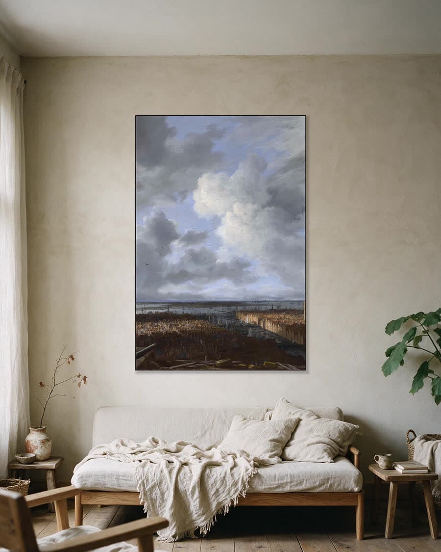 Gezicht op Amsterdam in een aluminium frame aan dezelfde muur