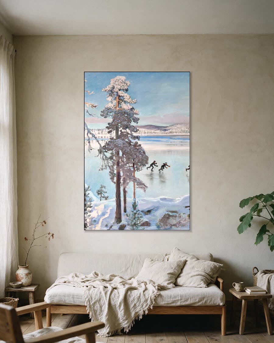 Schaatsers bij de oever van Kalela in een aluminium frame aan dezelfde muur