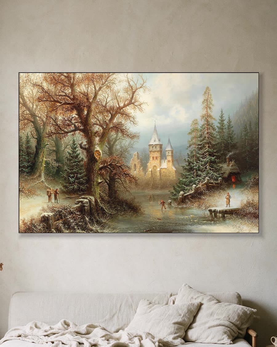 Winterlandschap met kasteel en schaatsers in een aluminium frame aan dezelfde muur