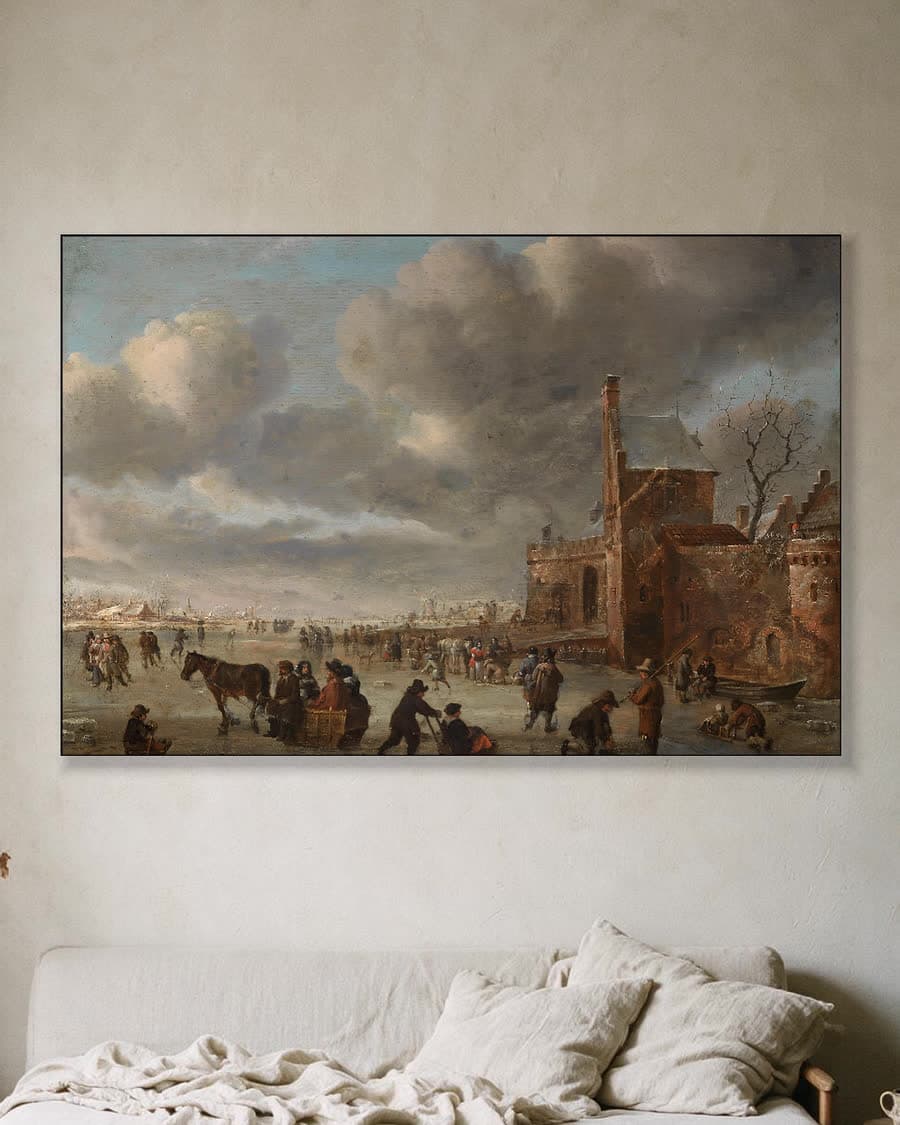 Winterplezier op het ijs bij de stadspoort in een aluminium frame aan dezelfde muur