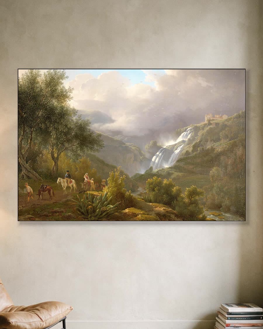 De cascatelle bij Tivoli bij opkomend onweer in een aluminium frame aan dezelfde muur