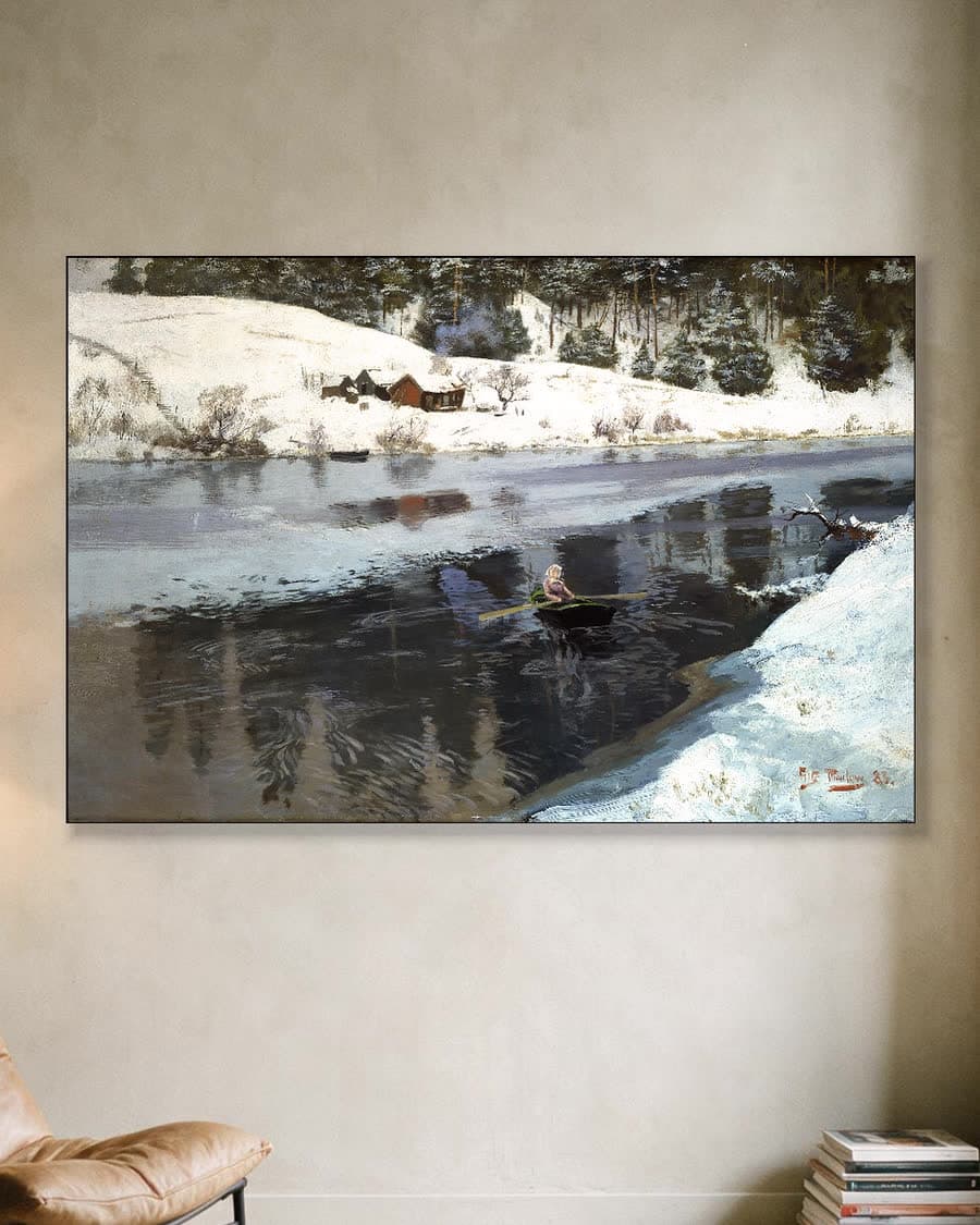 Winterlandschap met roeier in een aluminium frame aan dezelfde muur