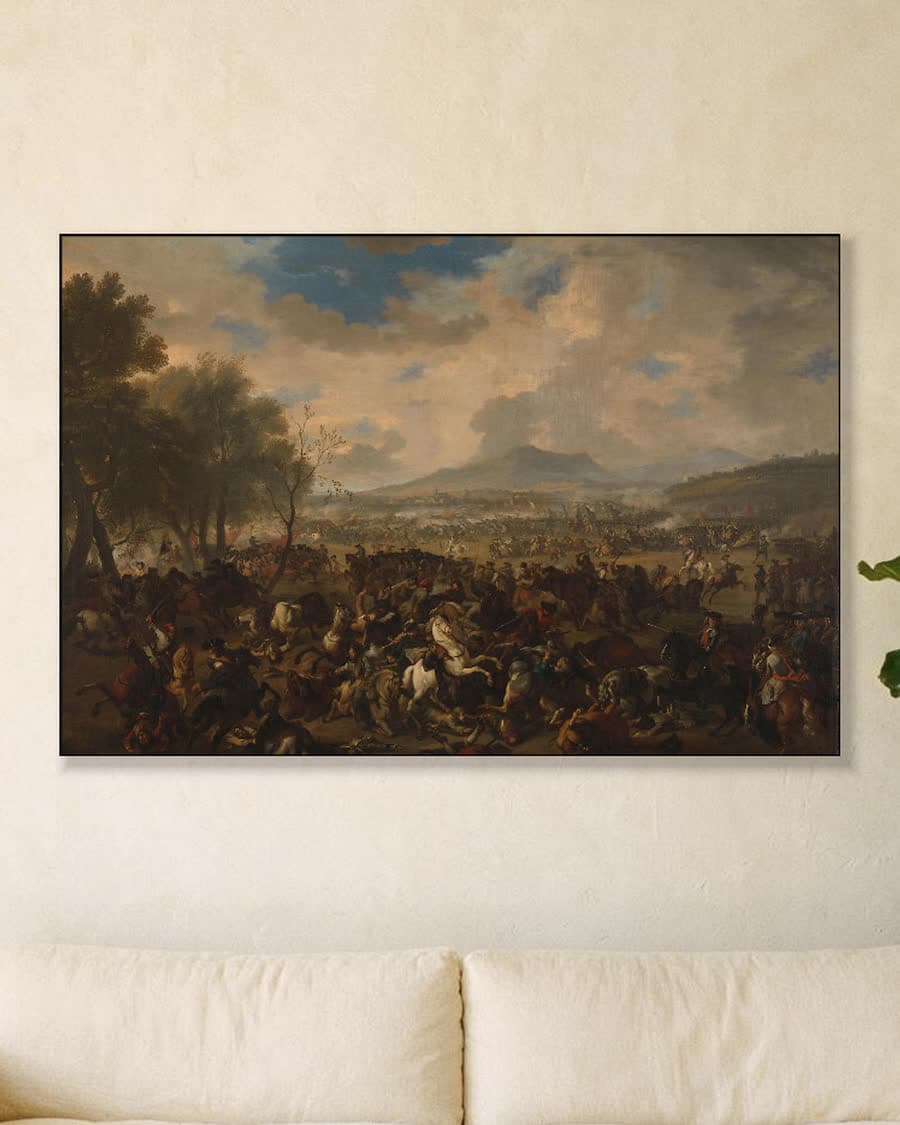 De slag bij Ramillies tussen de Fransen en de Engelsen, 23 mei 1706 in een aluminium frame aan dezelfde muur