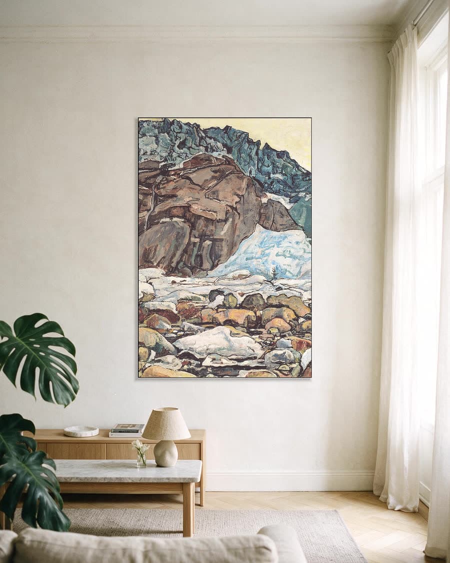 Winterse Berglandschap in een aluminium frame aan dezelfde muur