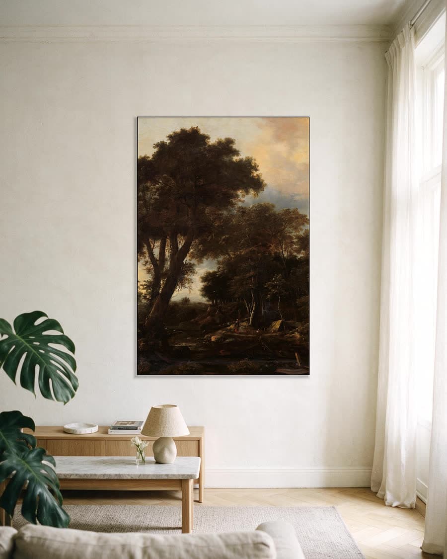 Boslandschap met hut in een aluminium frame aan dezelfde muur