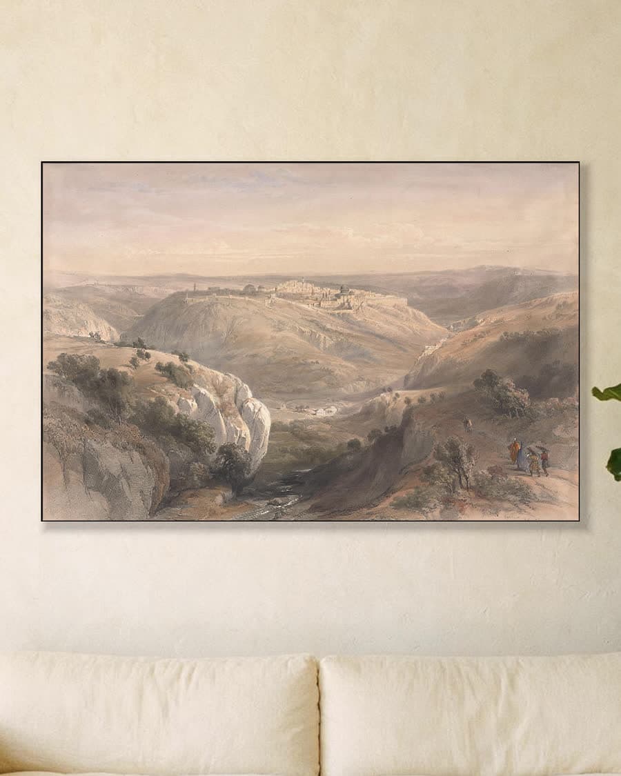Oude stad in de vallei in een aluminium frame aan dezelfde muur