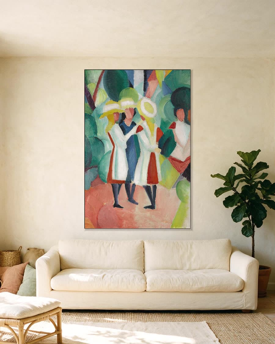 Dames met zomerhoeden in een aluminium frame aan dezelfde muur