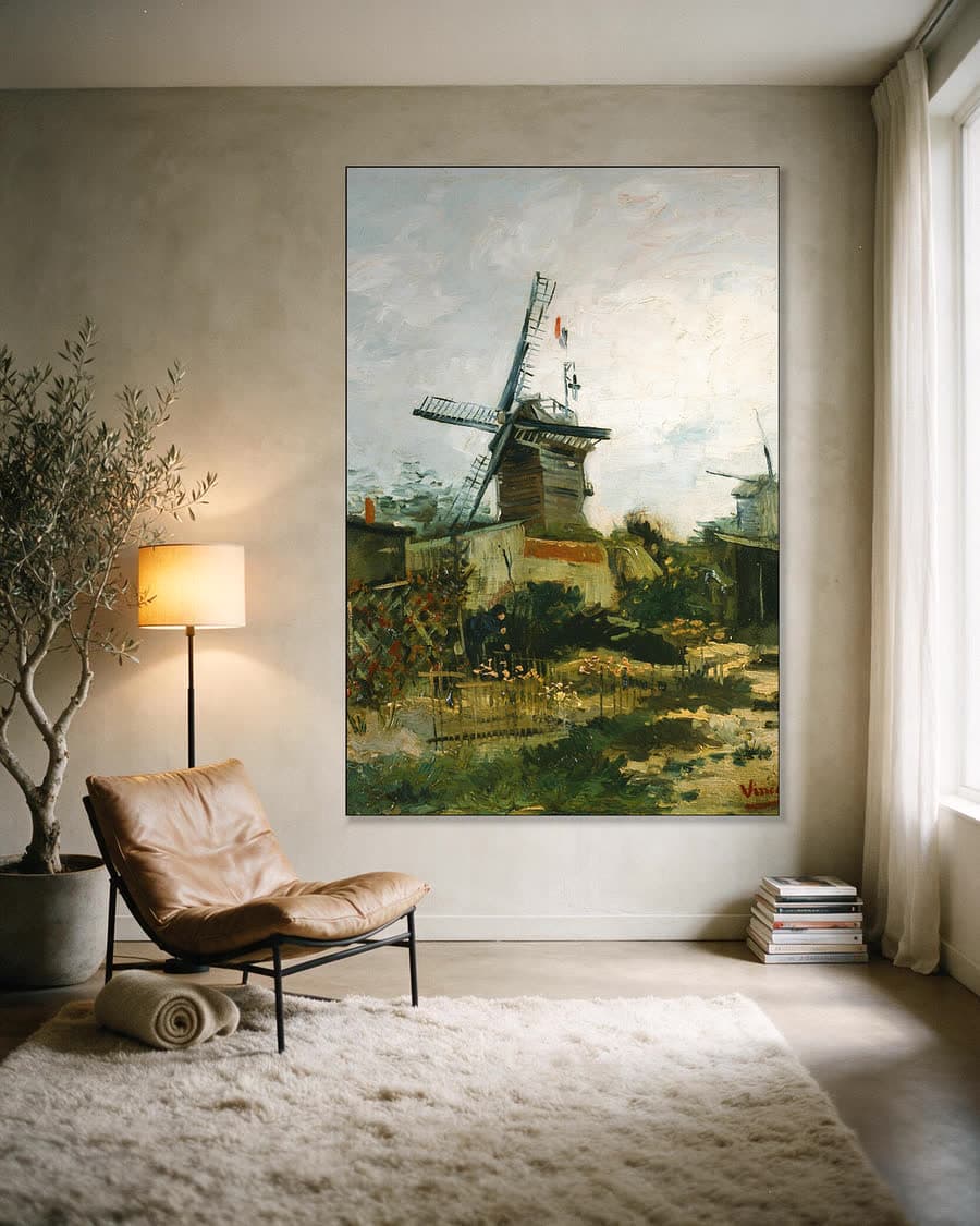 Molens op Montmartre in een aluminium frame aan dezelfde muur