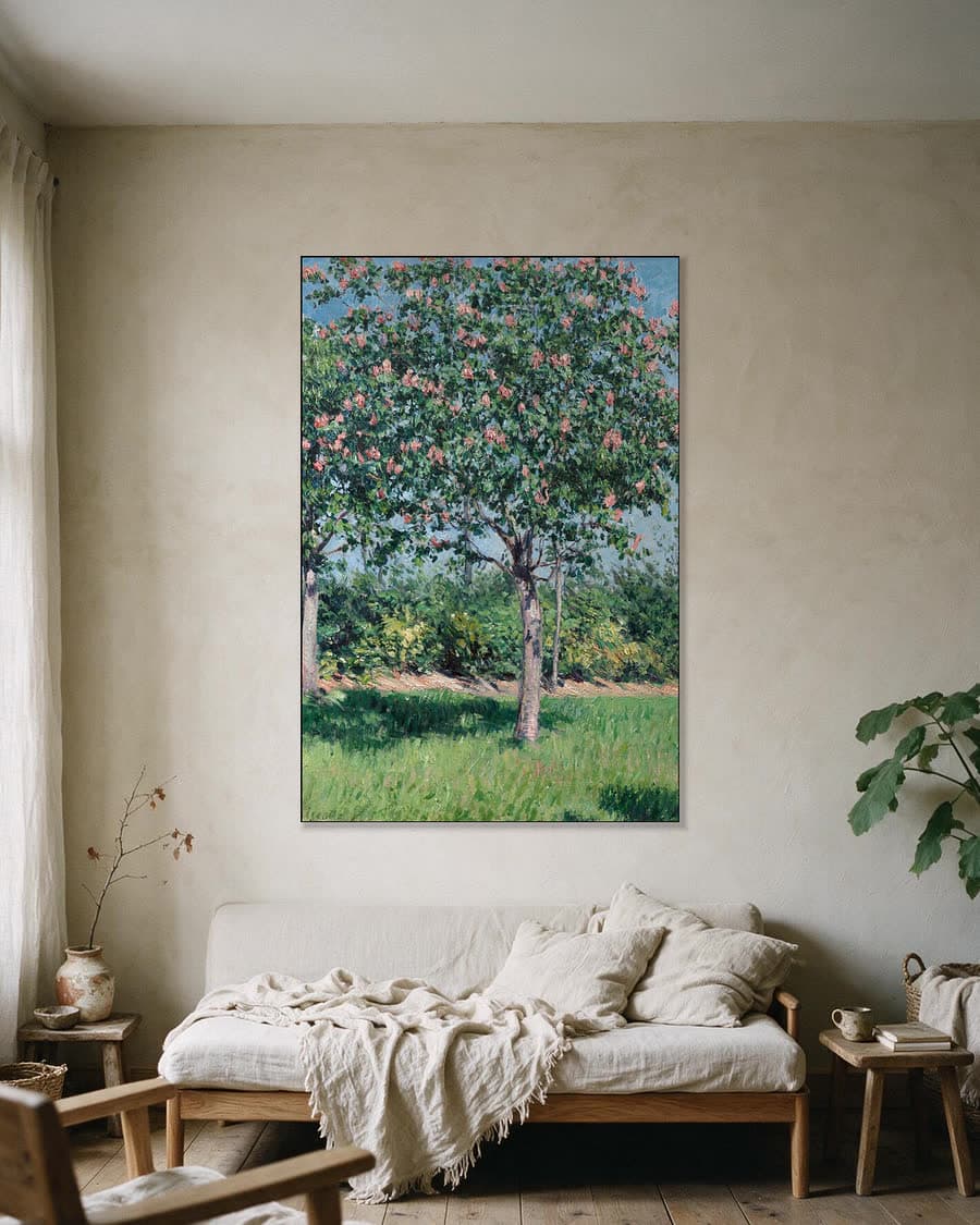 Bloeiende kastanjebomen, vlakte van Argenteuil in een aluminium frame aan dezelfde muur