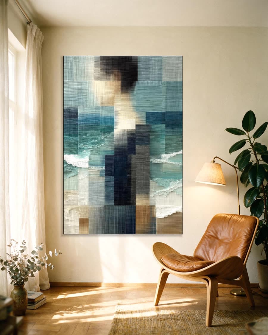 Vrouw aan zee, in blokken in een aluminium frame aan dezelfde muur