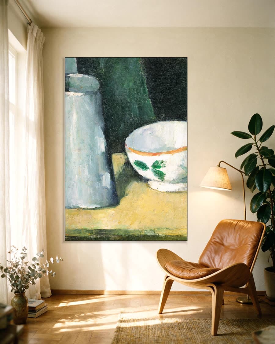 Kom en melkkan in een aluminium frame aan dezelfde muur